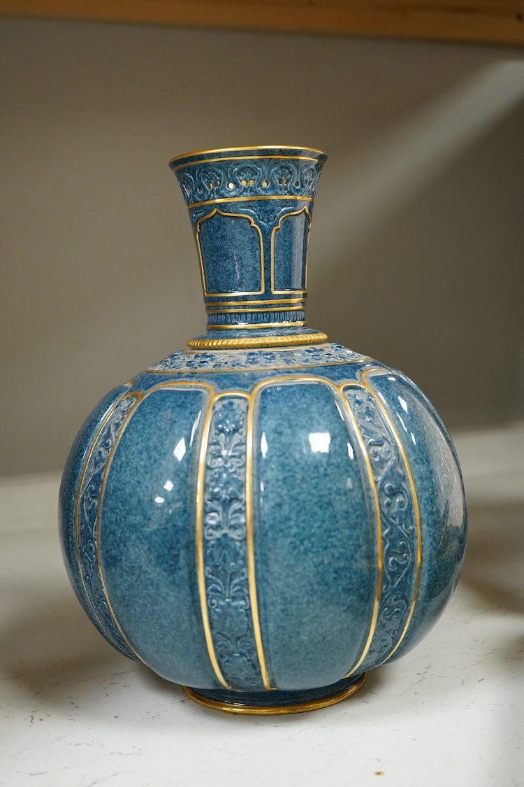 A Wedgwood silver mounted coffee set and a Royal Worcester powder blue vase - 24cm high.